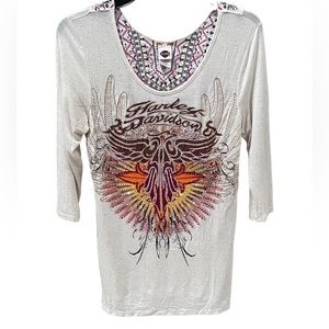 Harley-Davidson 3/4 Sleeve Shirt, Women's Medium Embellished Winged Natu…